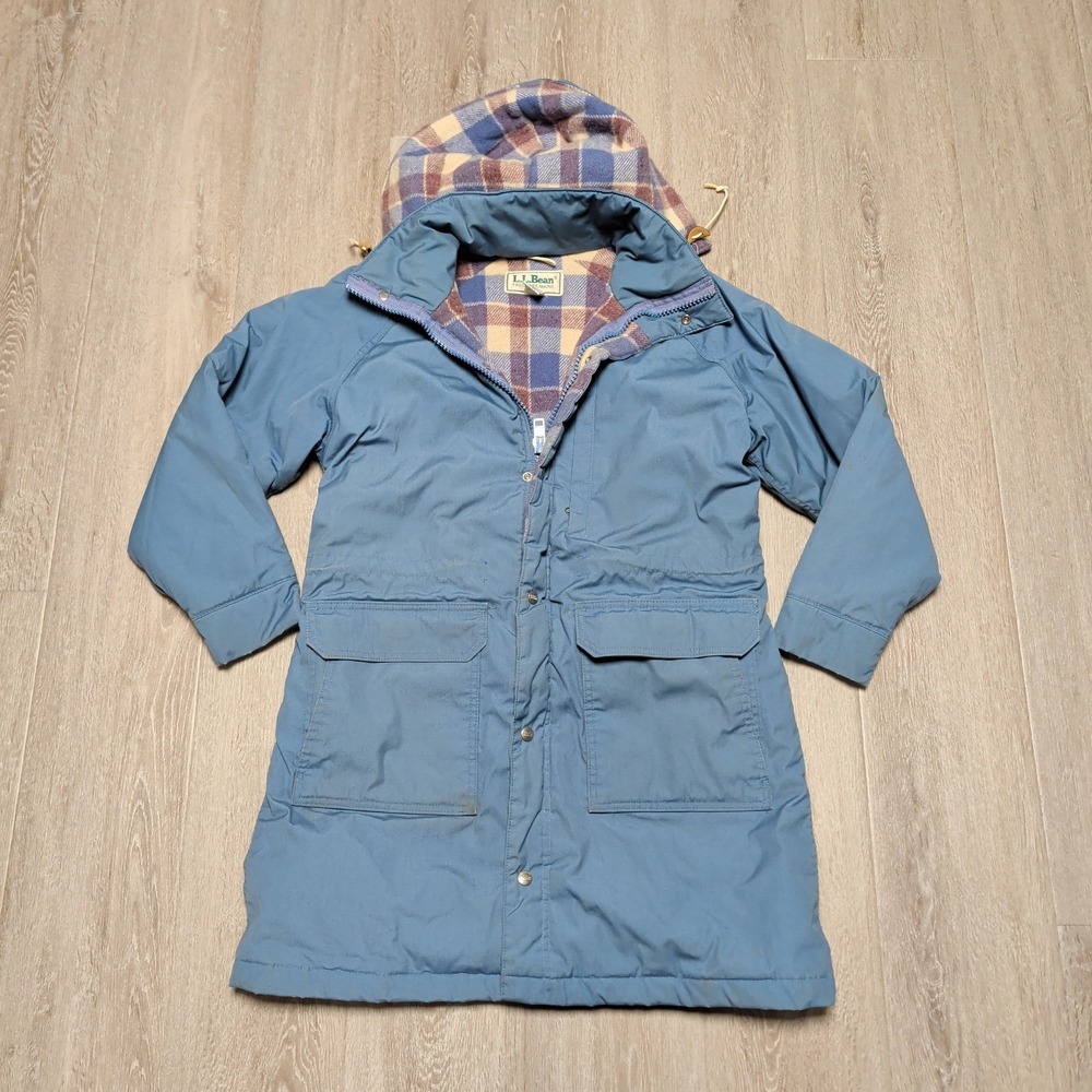 Vintage 80s LL Bean Womens S Blue Wool‎ Plaid Lined Hooded Parka Jacket Made USA